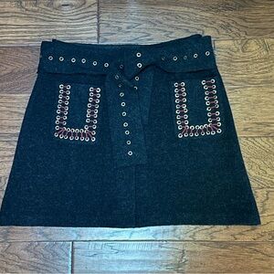 Anthropologie Rosie Neira Dark Gray Wool Belted Eyelet Mini Skirt M